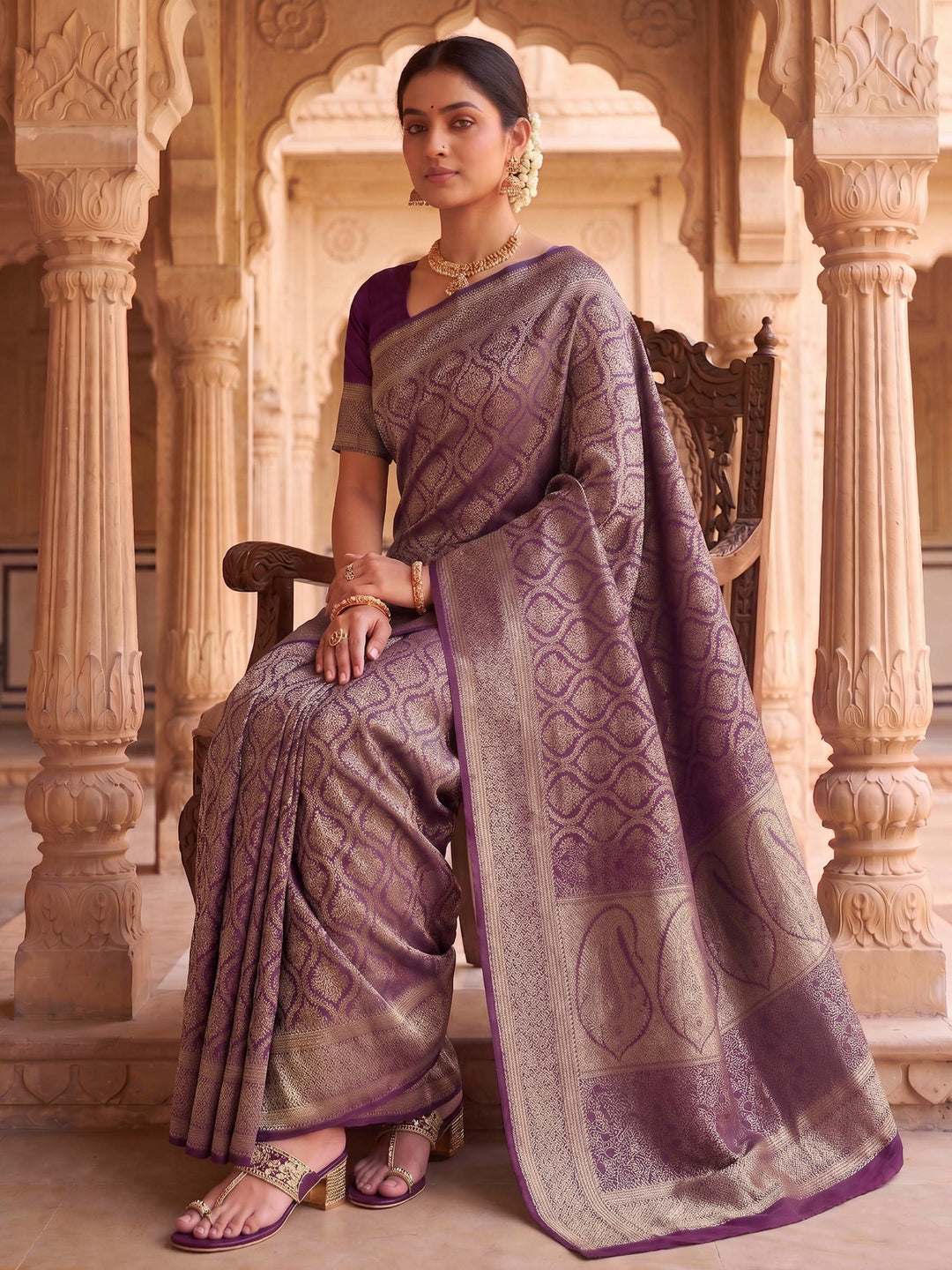 Wine Woven Design Art Silk Kanjivaram Saree