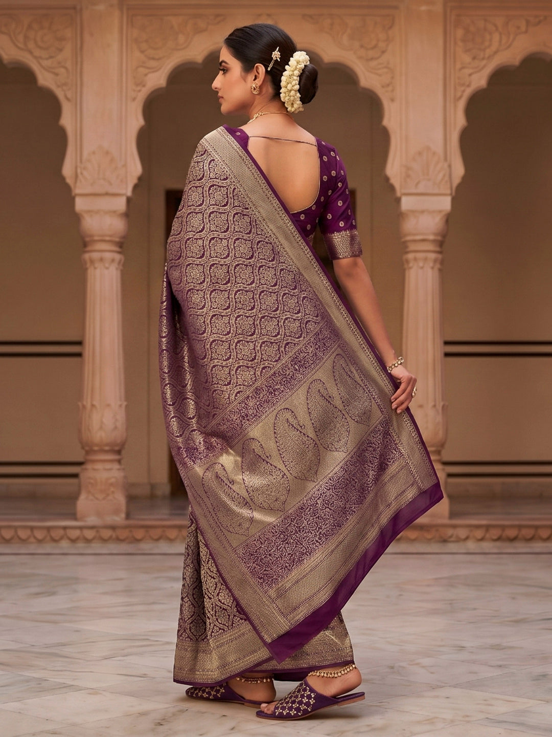 Wine Woven Design Art Silk Kanjivaram Saree