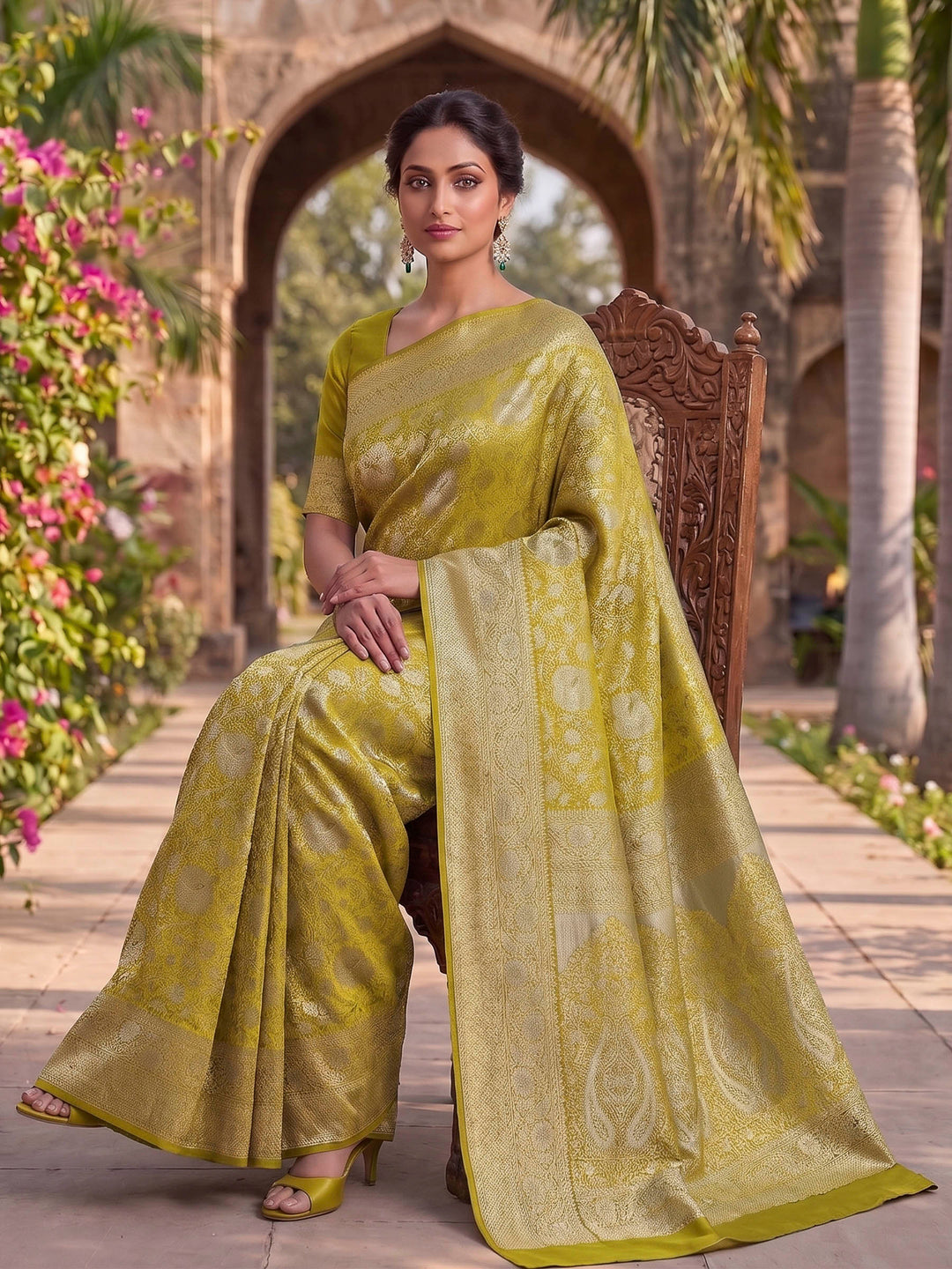 Olive Green Woven Design Art Silk Kanjivaram Saree