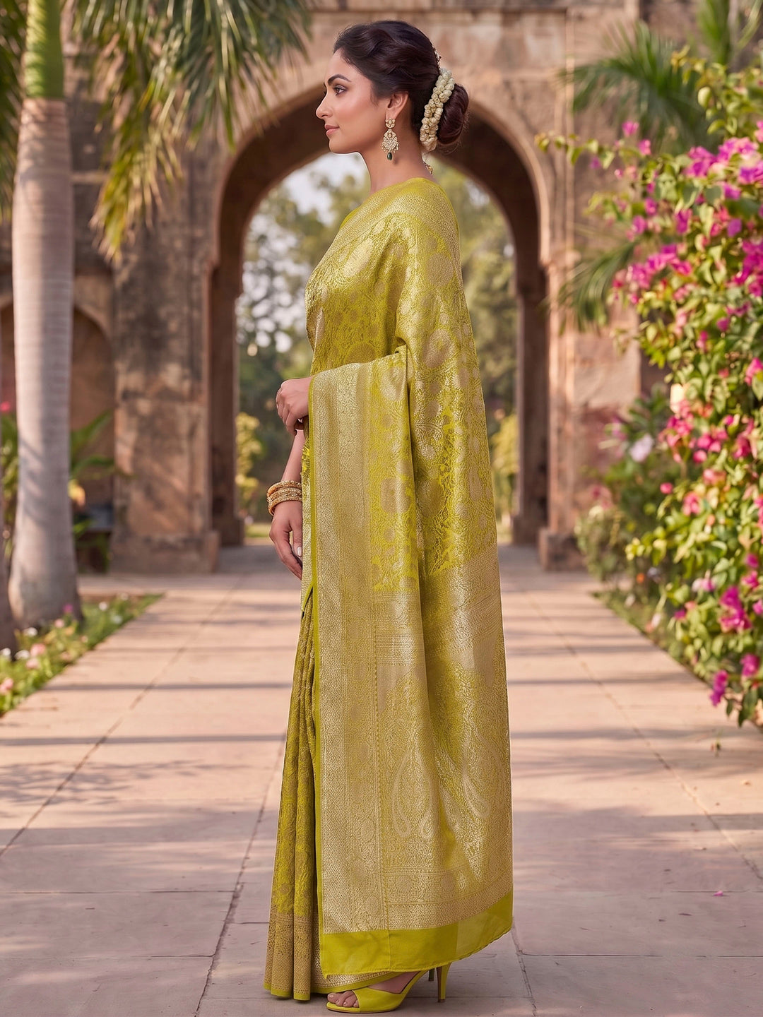 Olive Green Woven Design Art Silk Kanjivaram Saree