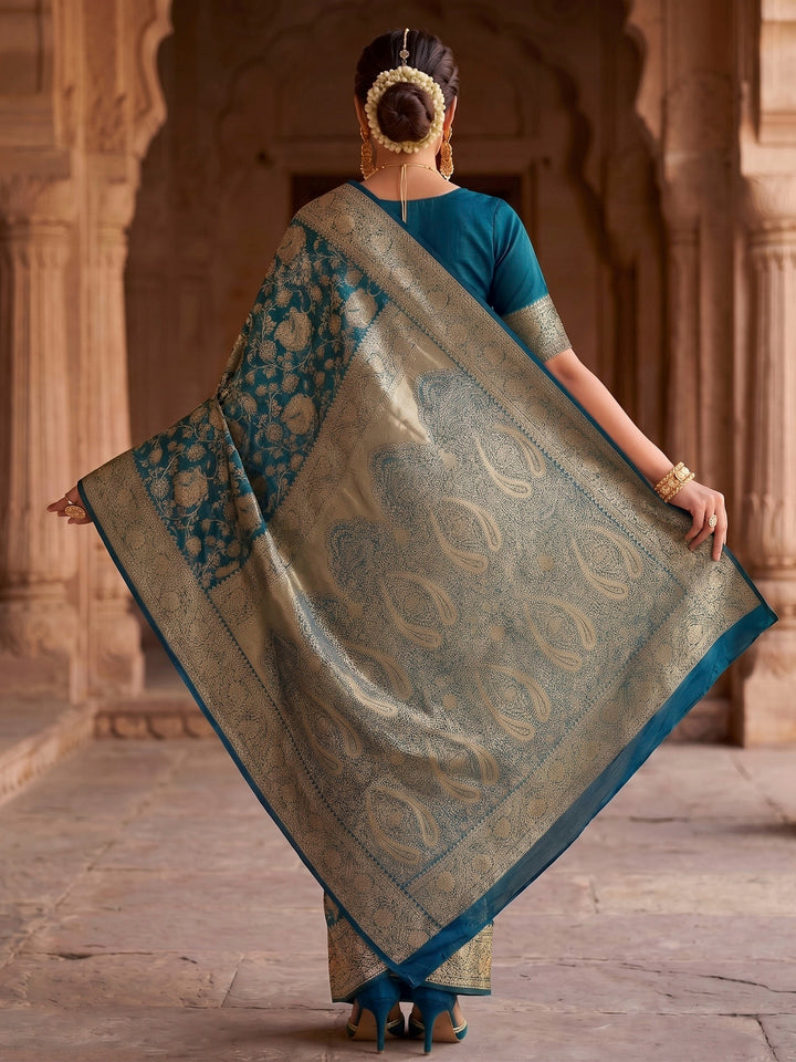 Peacock Blue Woven Design Art Silk Kanjivaram Saree