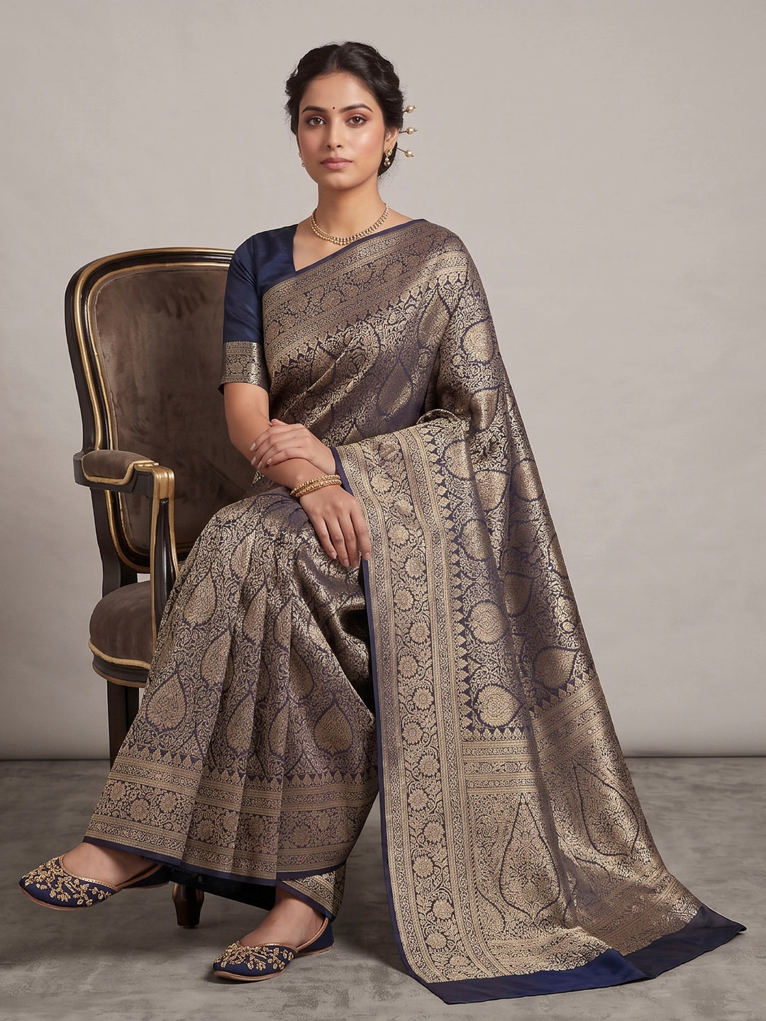 Navy Blue Woven Design Art Silk Kanjivaram Saree