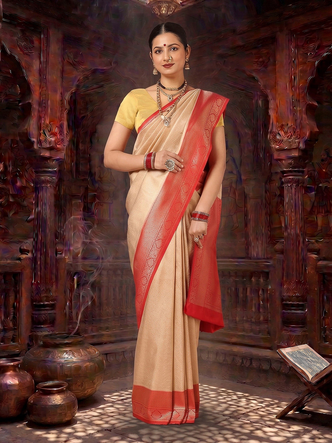 Off White Red Woven Design Kanjivaram Brocade Contrast Saree