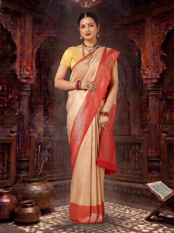 Off White Red Woven Design Kanjivaram Brocade Contrast Saree