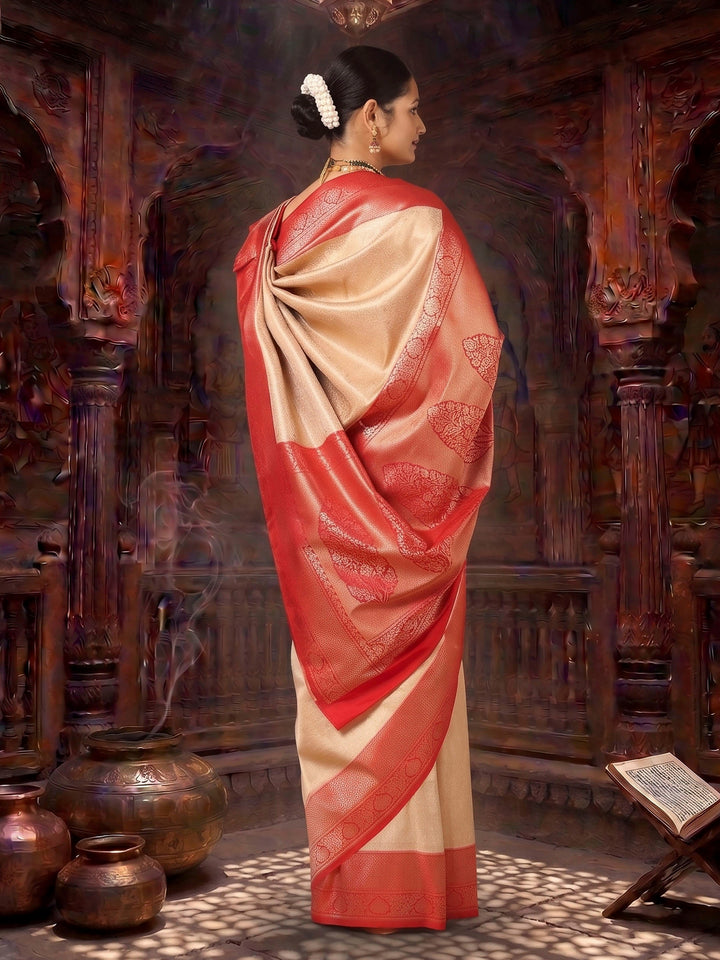 Off White Red Woven Design Kanjivaram Brocade Contrast Saree