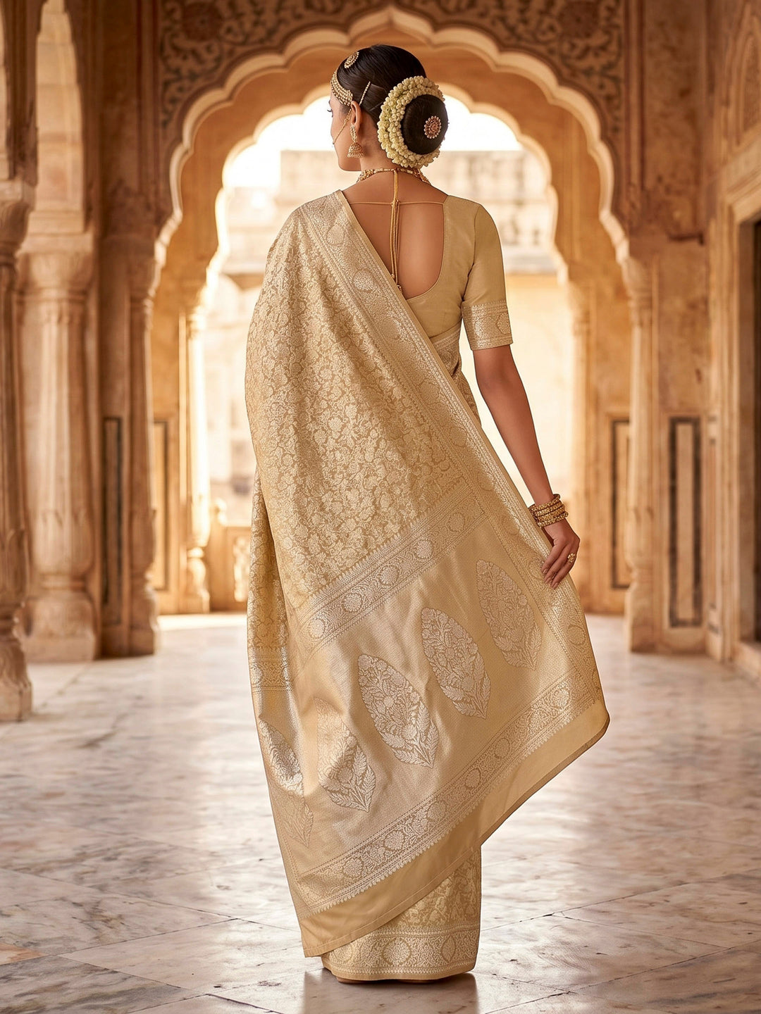 Beige Woven Design Art Silk Kanjivaram Saree