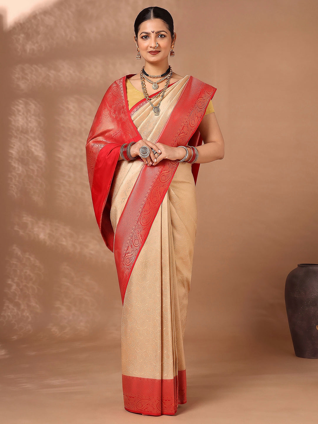 Off White Red Woven Design Kanjivaram Brocade Contrast Saree