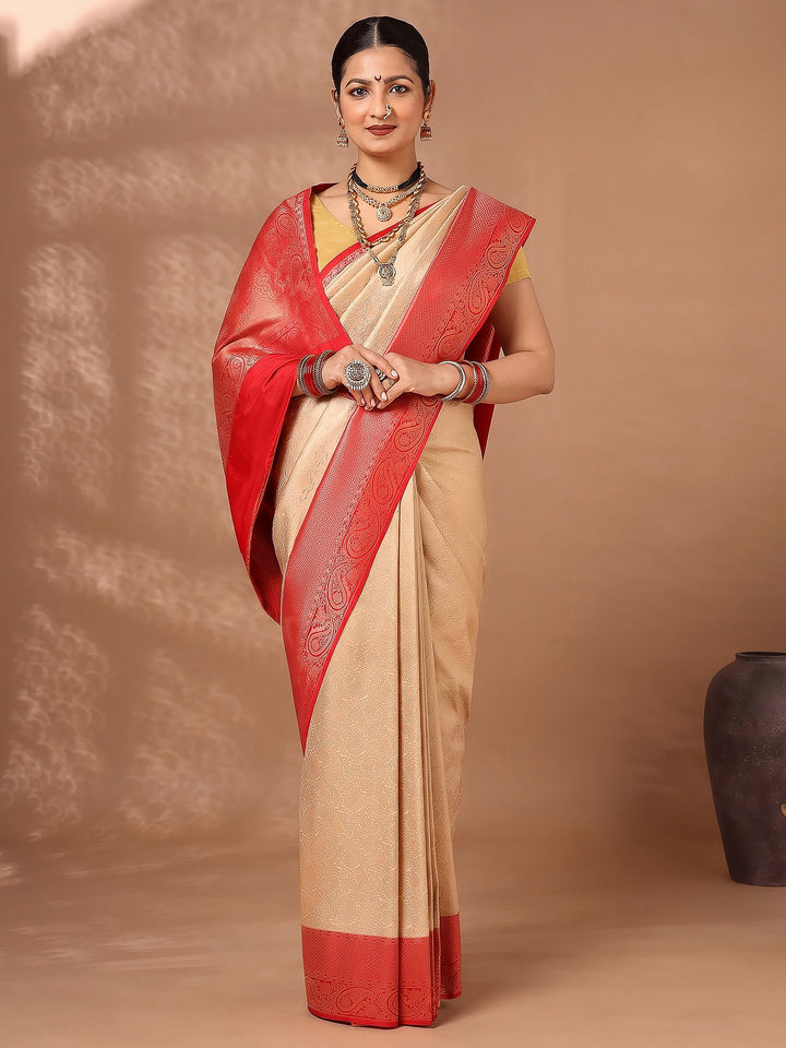 Off White Red Woven Design Kanjivaram Brocade Contrast Saree