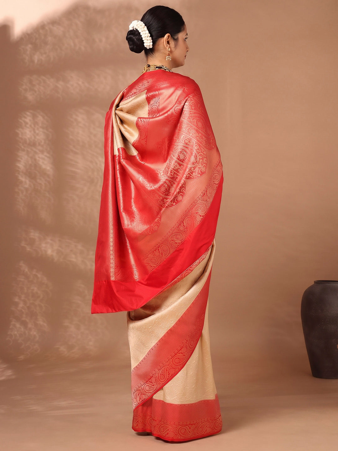 Off White Red Woven Design Kanjivaram Brocade Contrast Saree