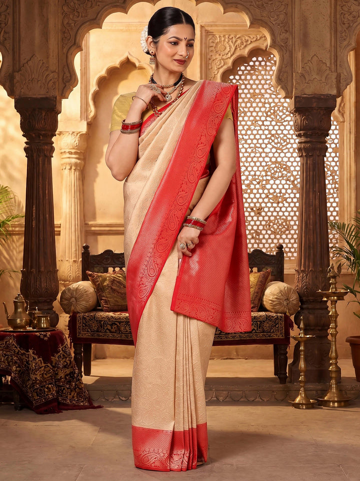 Off White Red Woven Design Kanjivaram Brocade Contrast Saree