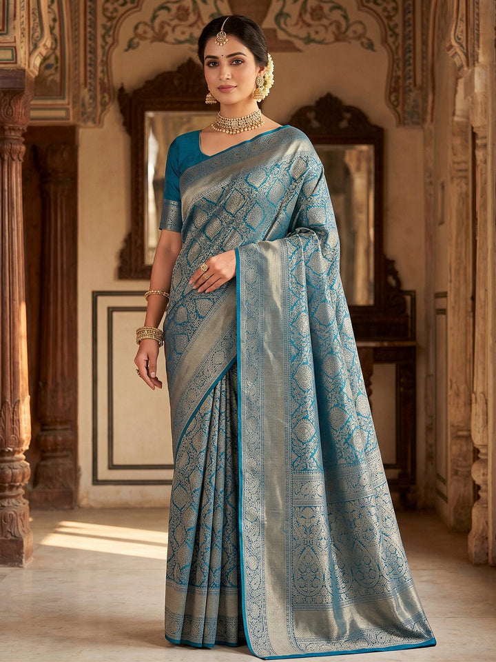 Peacock Blue Woven Design Art Silk Kanjivaram Saree