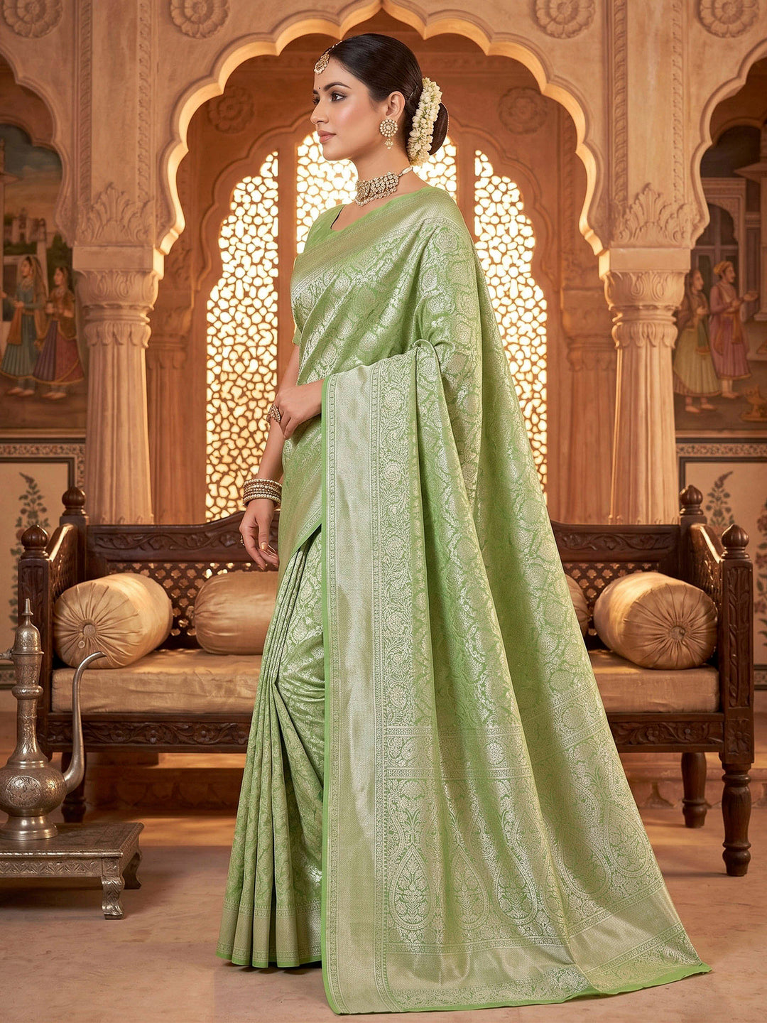 Pista Green Woven Design Art Silk Kanjivaram Saree