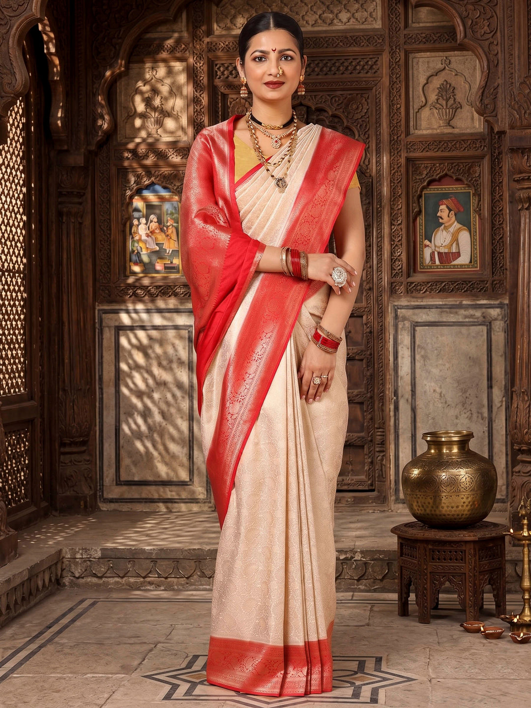 Off White Red Woven Design Kanjivaram Brocade Contrast Saree