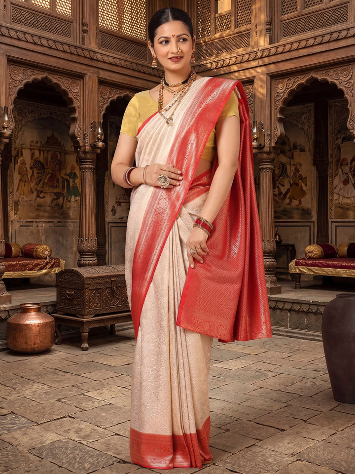 Off White Red Woven Design Kanjivaram Brocade Contrast Saree