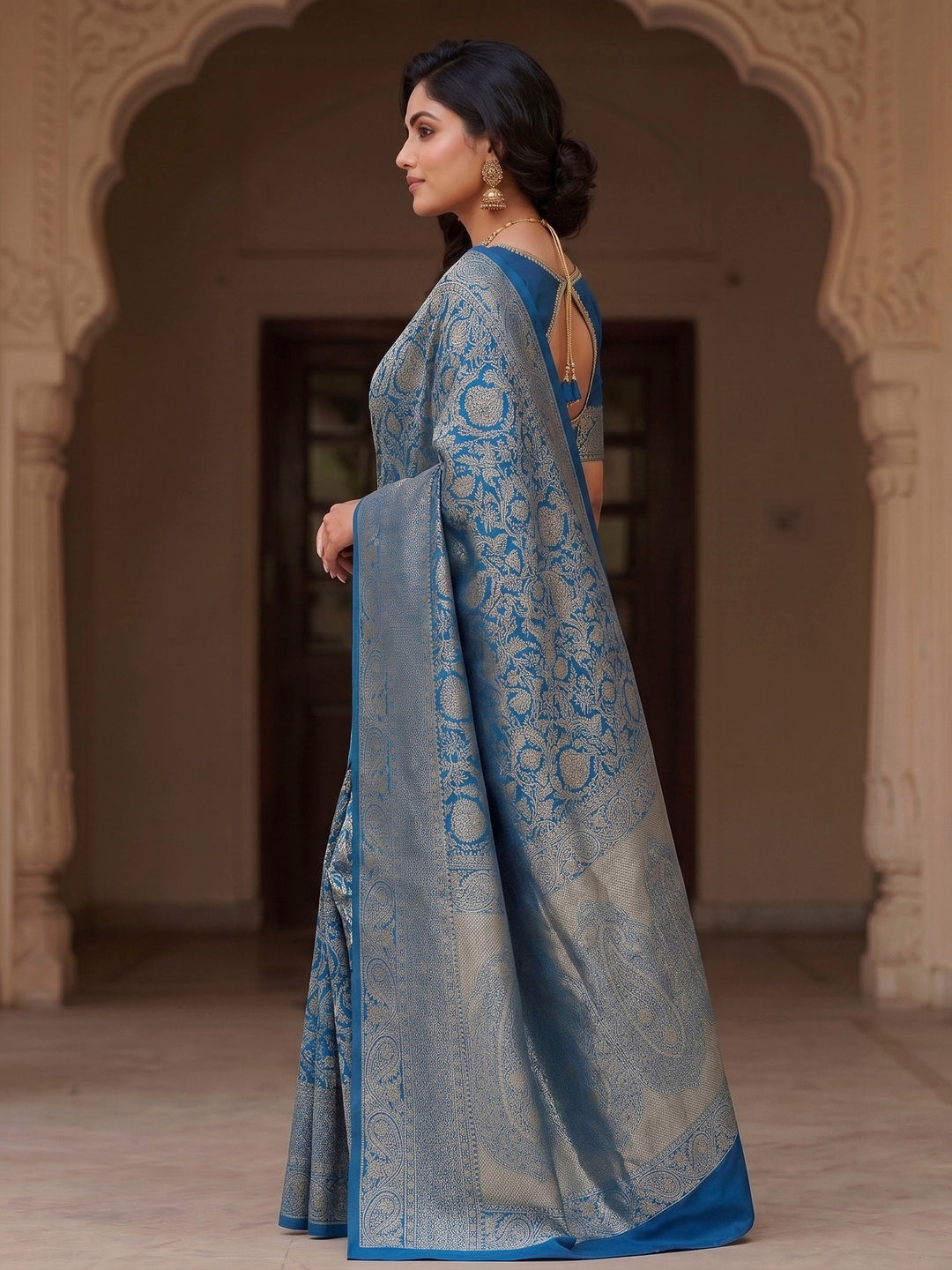 Dark Blue Woven Design Art Silk Kanjivaram Saree