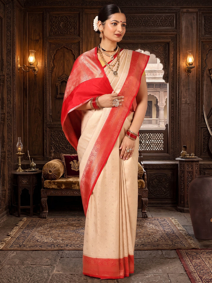 Off White Red Woven Design Kanjivaram Brocade Contrast Saree