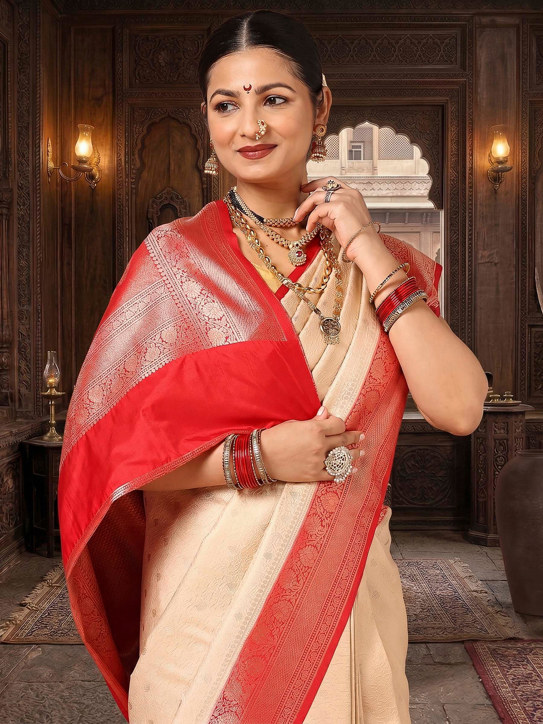 Off White Red Woven Design Kanjivaram Brocade Contrast Saree