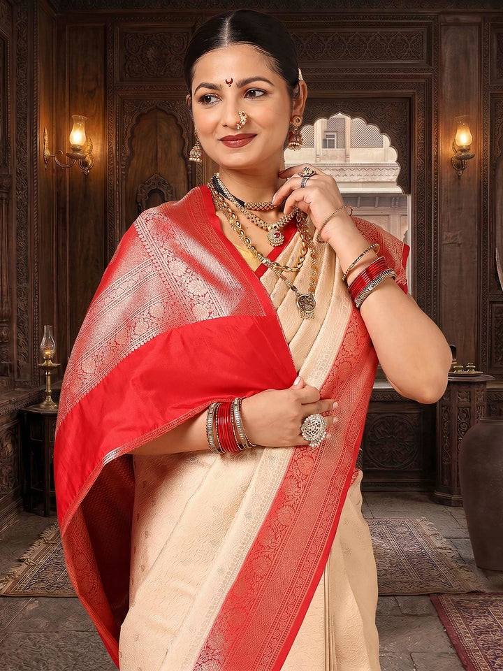 Off White Red Woven Design Kanjivaram Brocade Contrast Saree