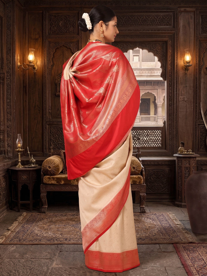 Off White Red Woven Design Kanjivaram Brocade Contrast Saree