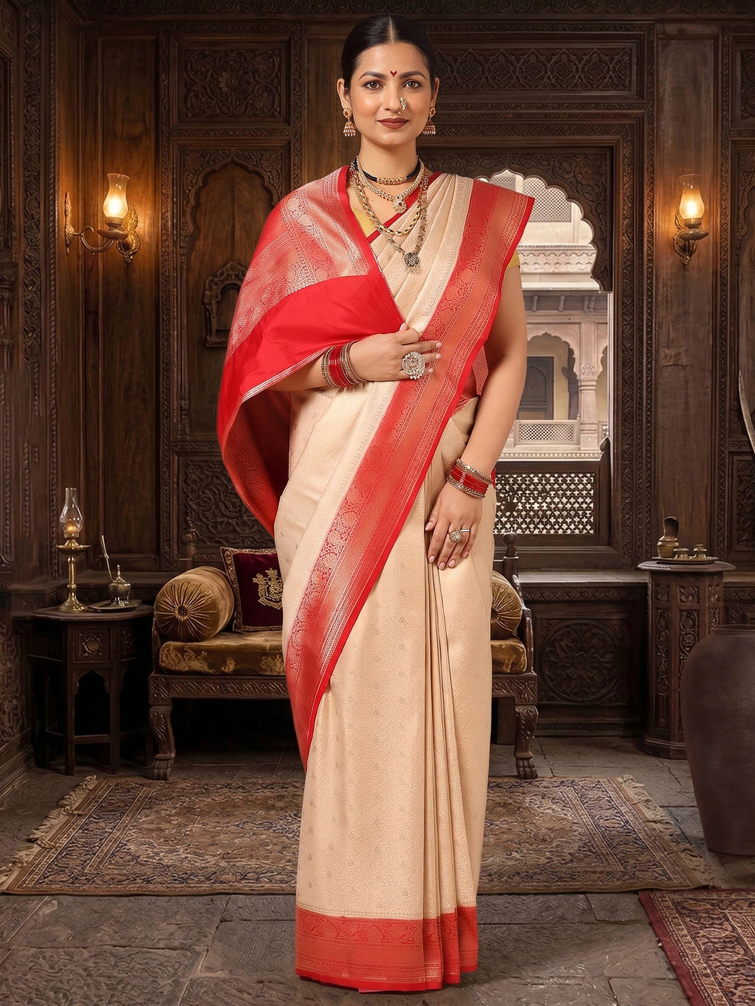 Off White Red Woven Design Kanjivaram Brocade Contrast Saree