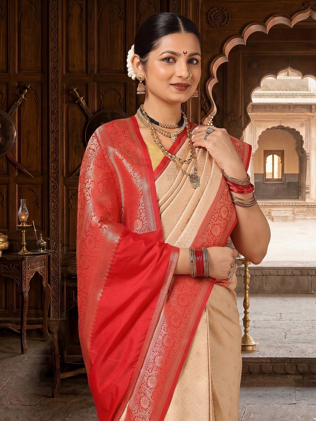 Off White Red Woven Design Kanjivaram Brocade Contrast Saree