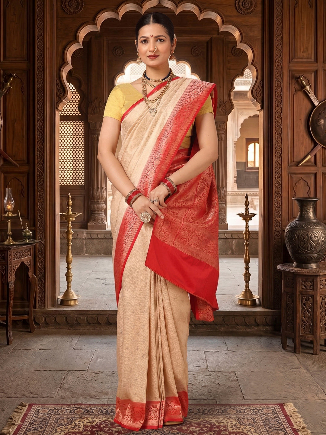 Off White Red Woven Design Kanjivaram Brocade Contrast Saree