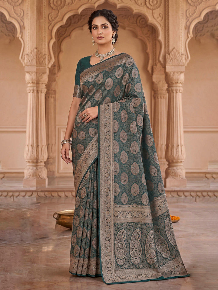Bottle Green Woven Design Art Silk Kanjivaram Saree