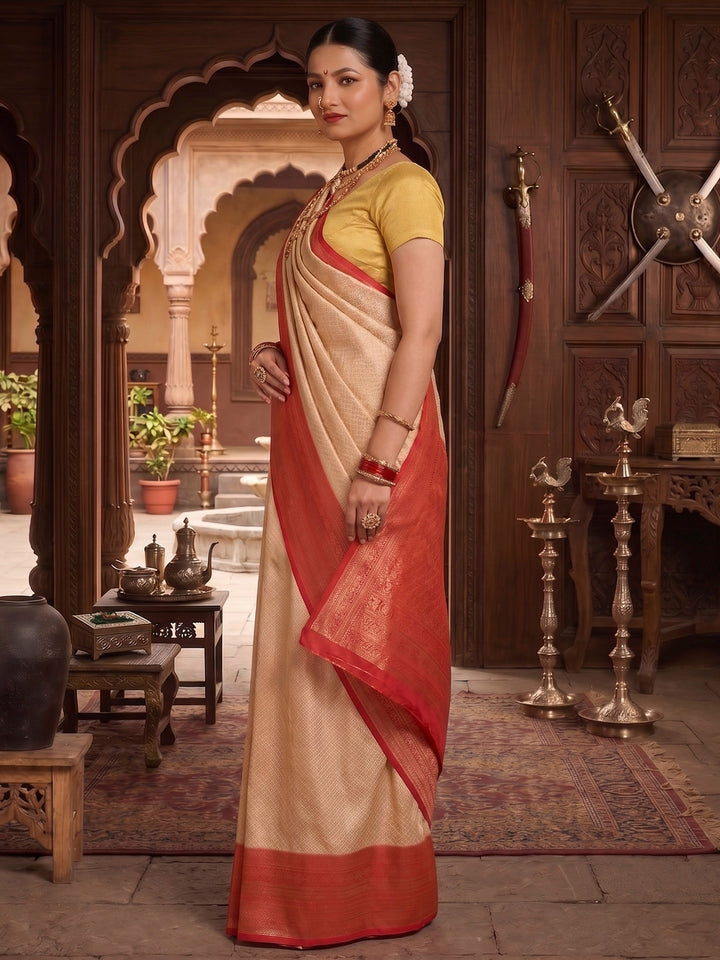 Off White Red Woven Design Kanjivaram Brocade Contrast Saree
