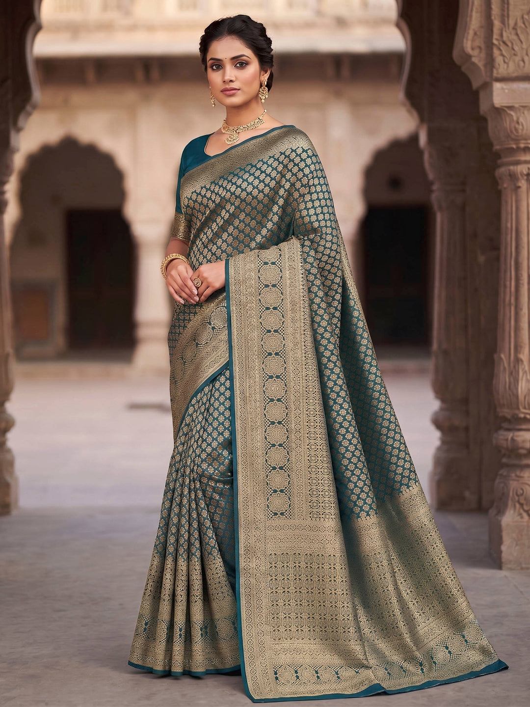 Peacock Blue Woven Design Art Silk Kanjivaram Saree