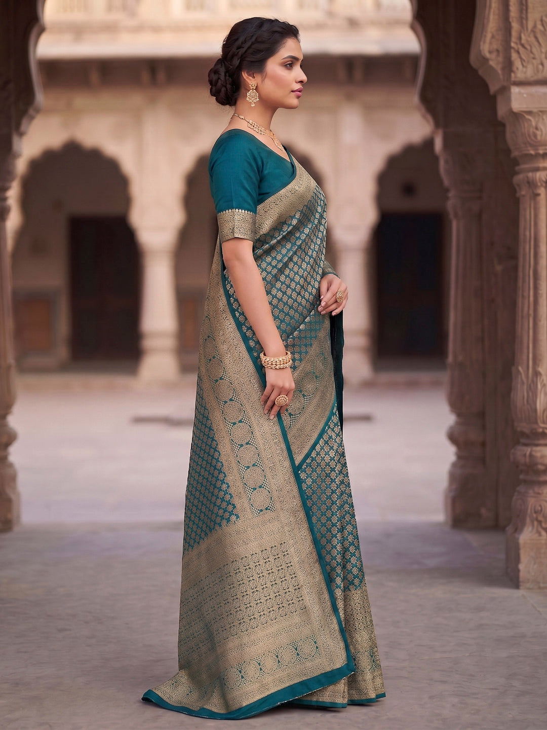 Peacock Blue Woven Design Art Silk Kanjivaram Saree