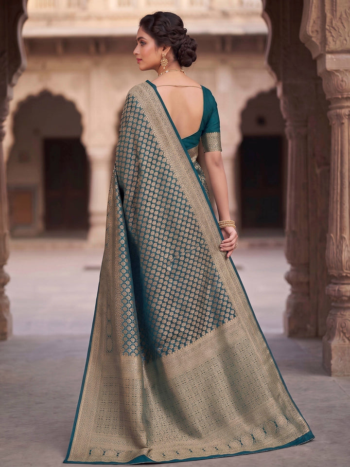 Peacock Blue Woven Design Art Silk Kanjivaram Saree