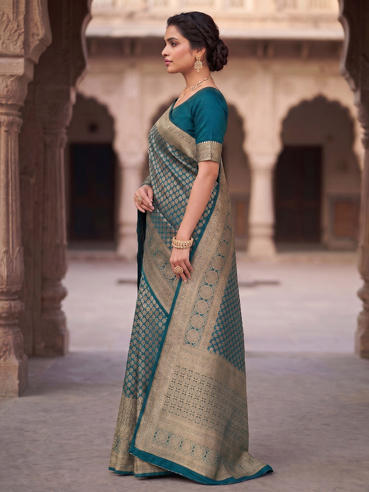 Peacock Blue Woven Design Art Silk Kanjivaram Saree
