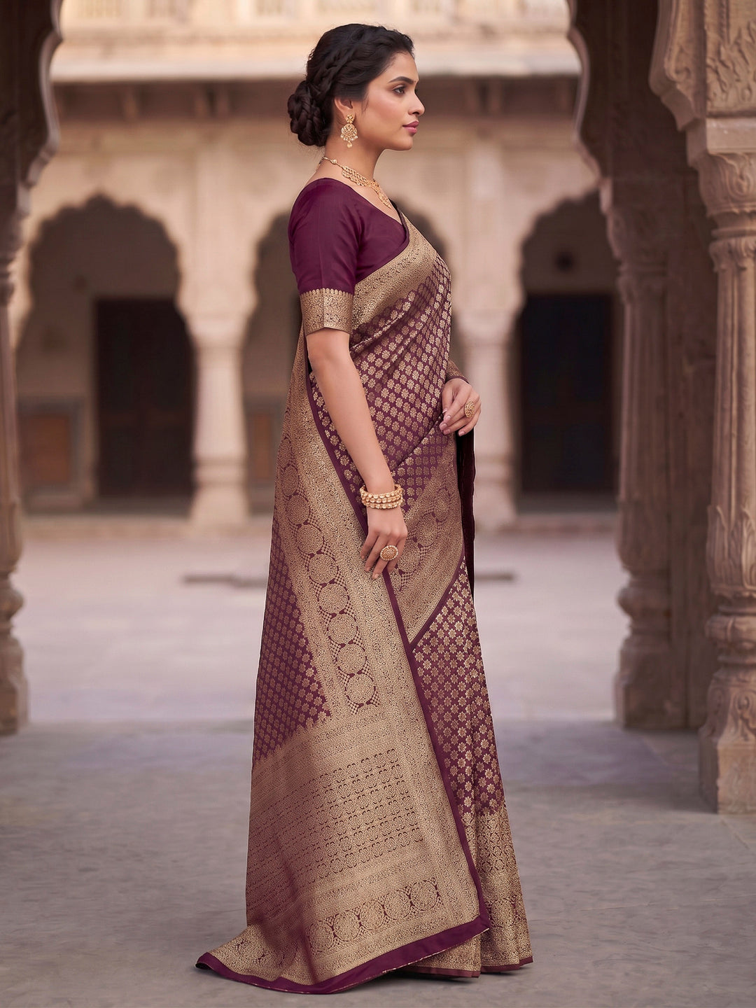 Wine Woven Design Art Silk Kanjivaram Saree