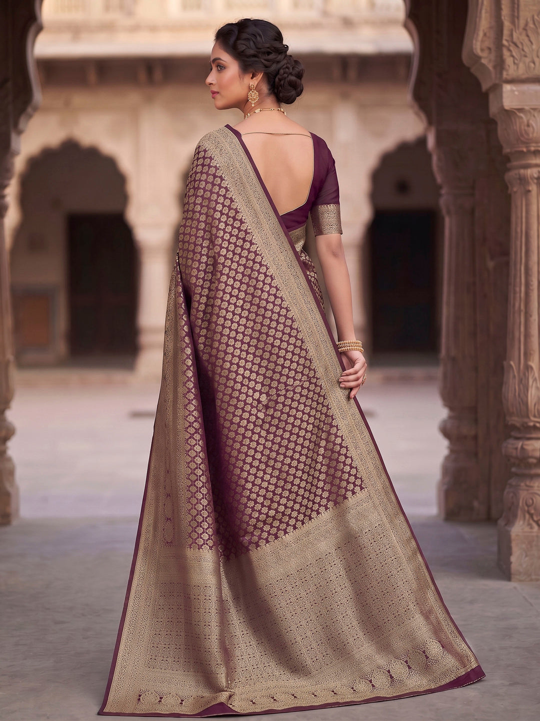 Wine Woven Design Art Silk Kanjivaram Saree