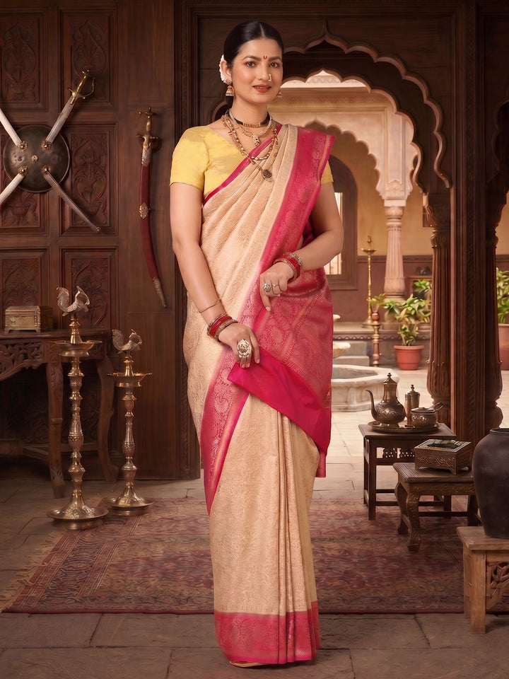 Off White Pink Woven Design Kanjivaram Brocade Contrast Saree