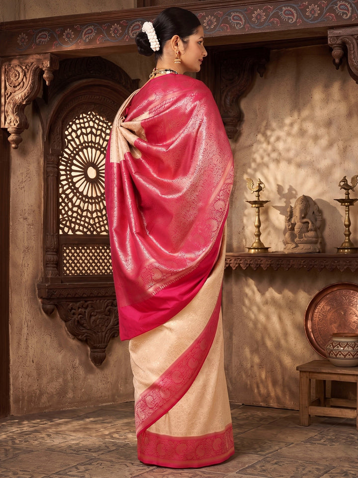 Off White Pink Woven Design Kanjivaram Brocade Contrast Saree