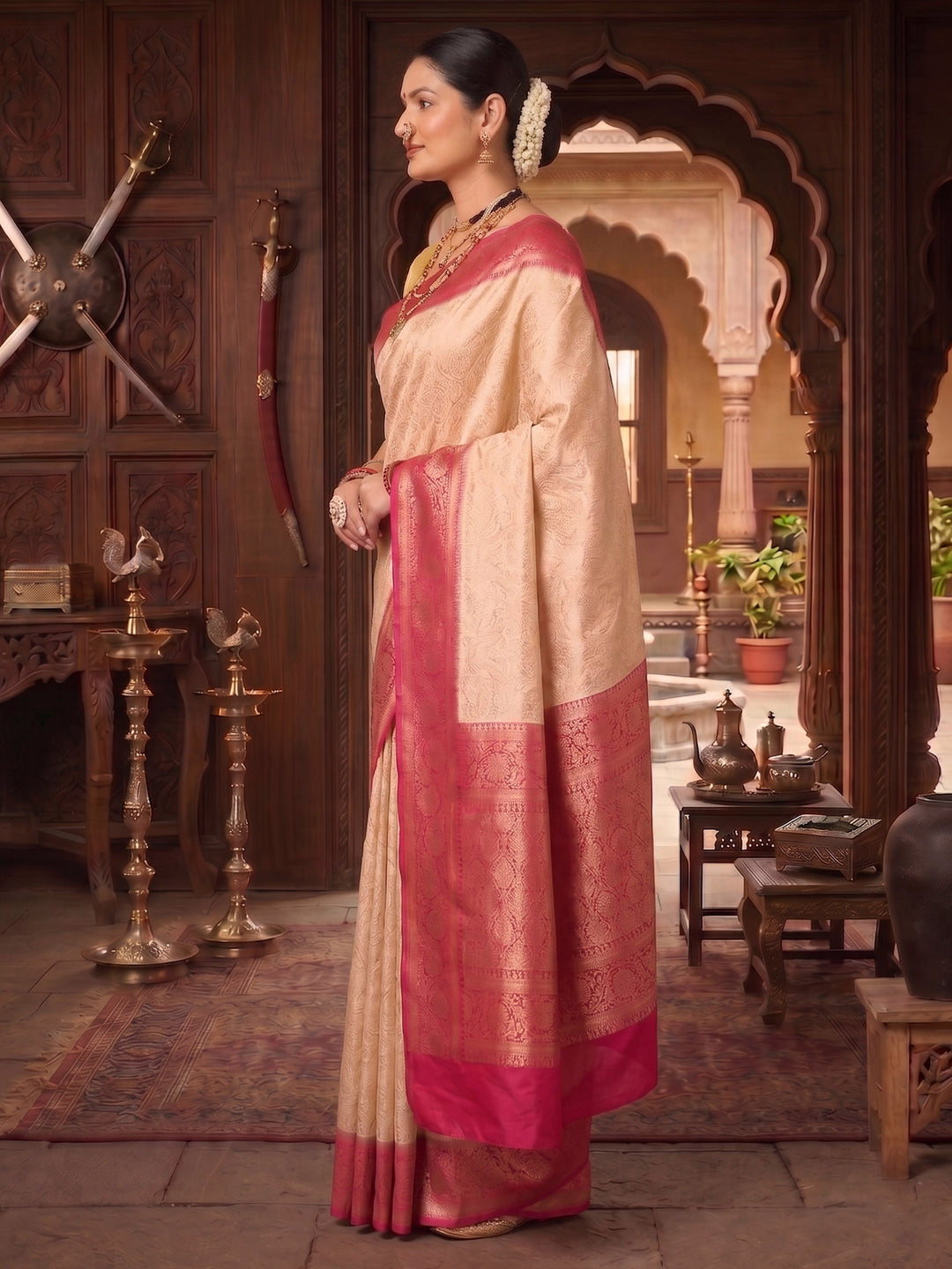 Off White Pink Woven Design Kanjivaram Brocade Contrast Saree