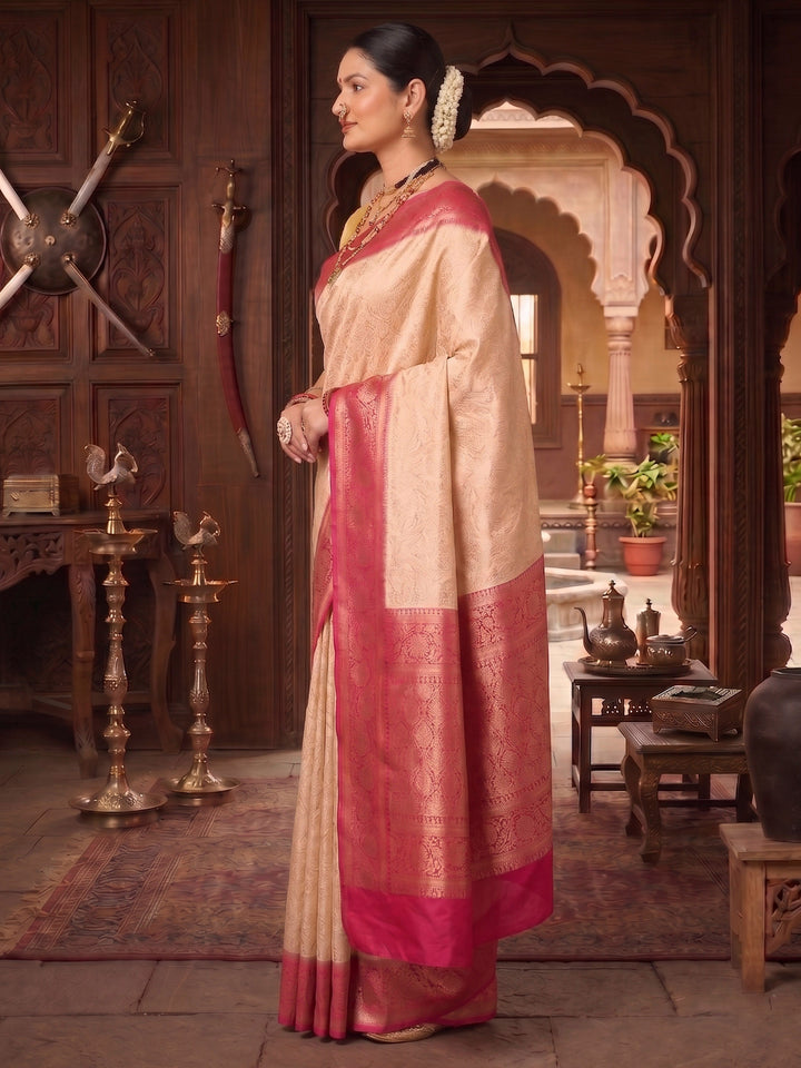 Off White Pink Woven Design Kanjivaram Brocade Contrast Saree