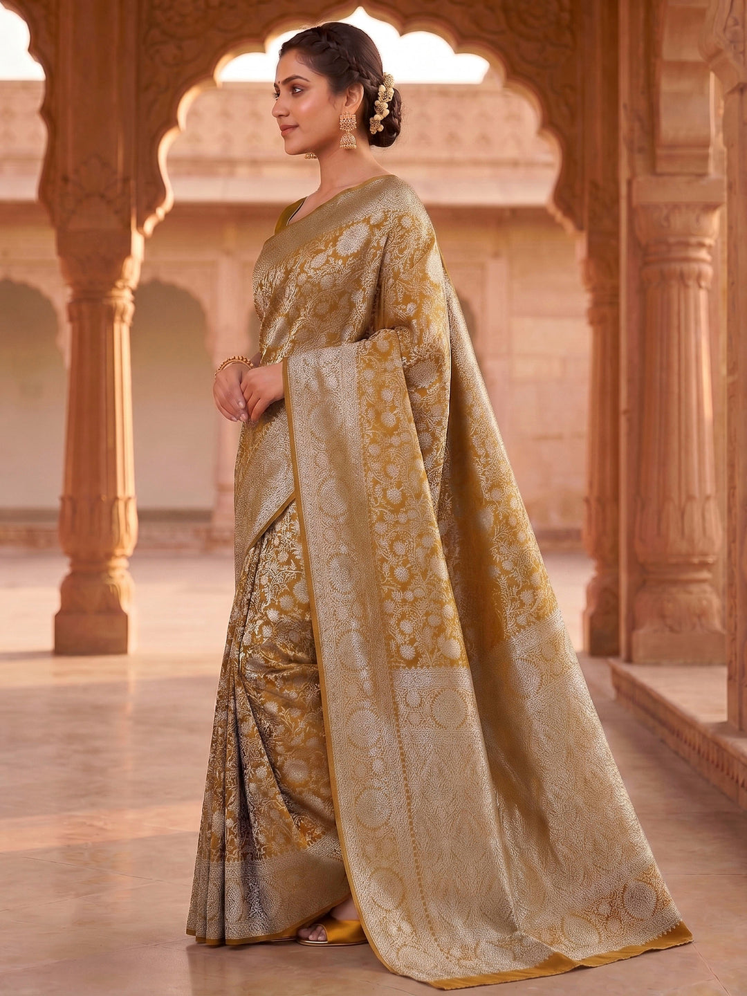 Mustard Woven Design Art Silk Kanjivaram Saree