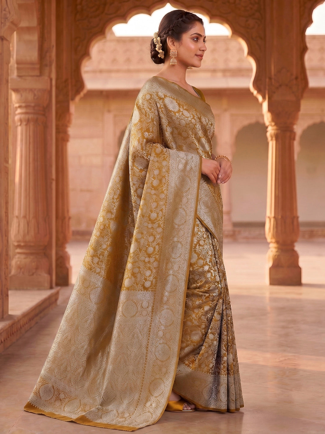 Mustard Woven Design Art Silk Kanjivaram Saree