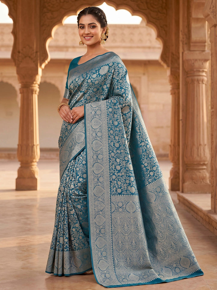 Peacock Blue Woven Design Art Silk Kanjivaram Saree
