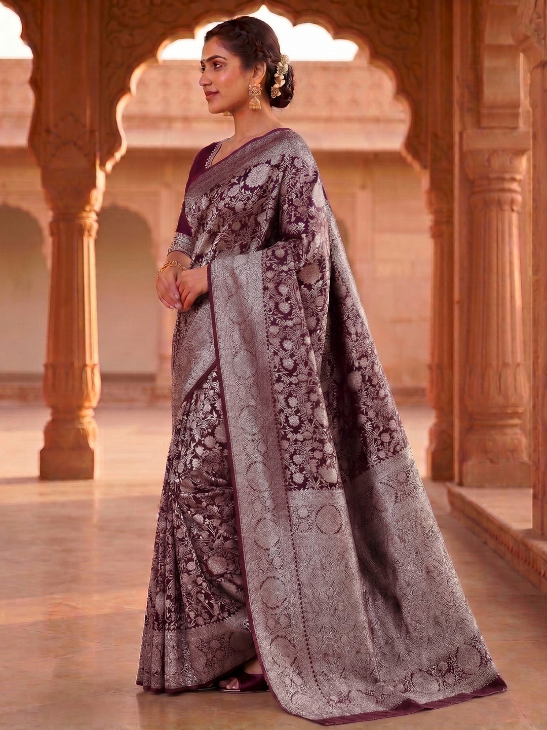 Wine Woven Design Art Silk Kanjivaram Saree