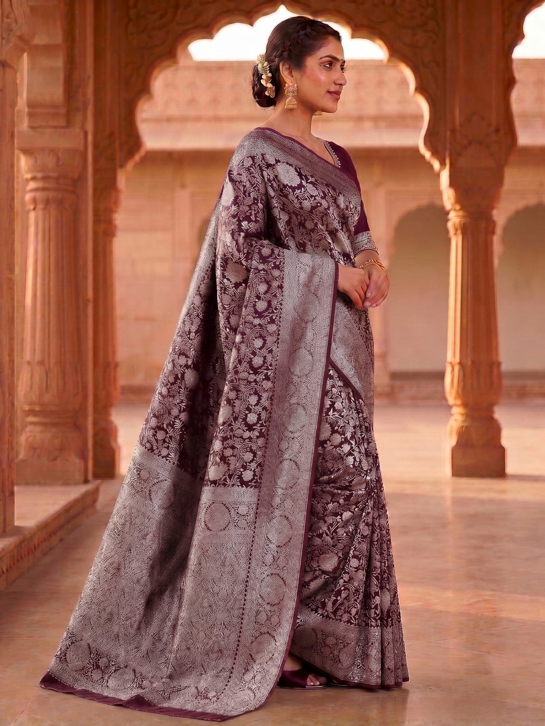 Wine Woven Design Art Silk Kanjivaram Saree