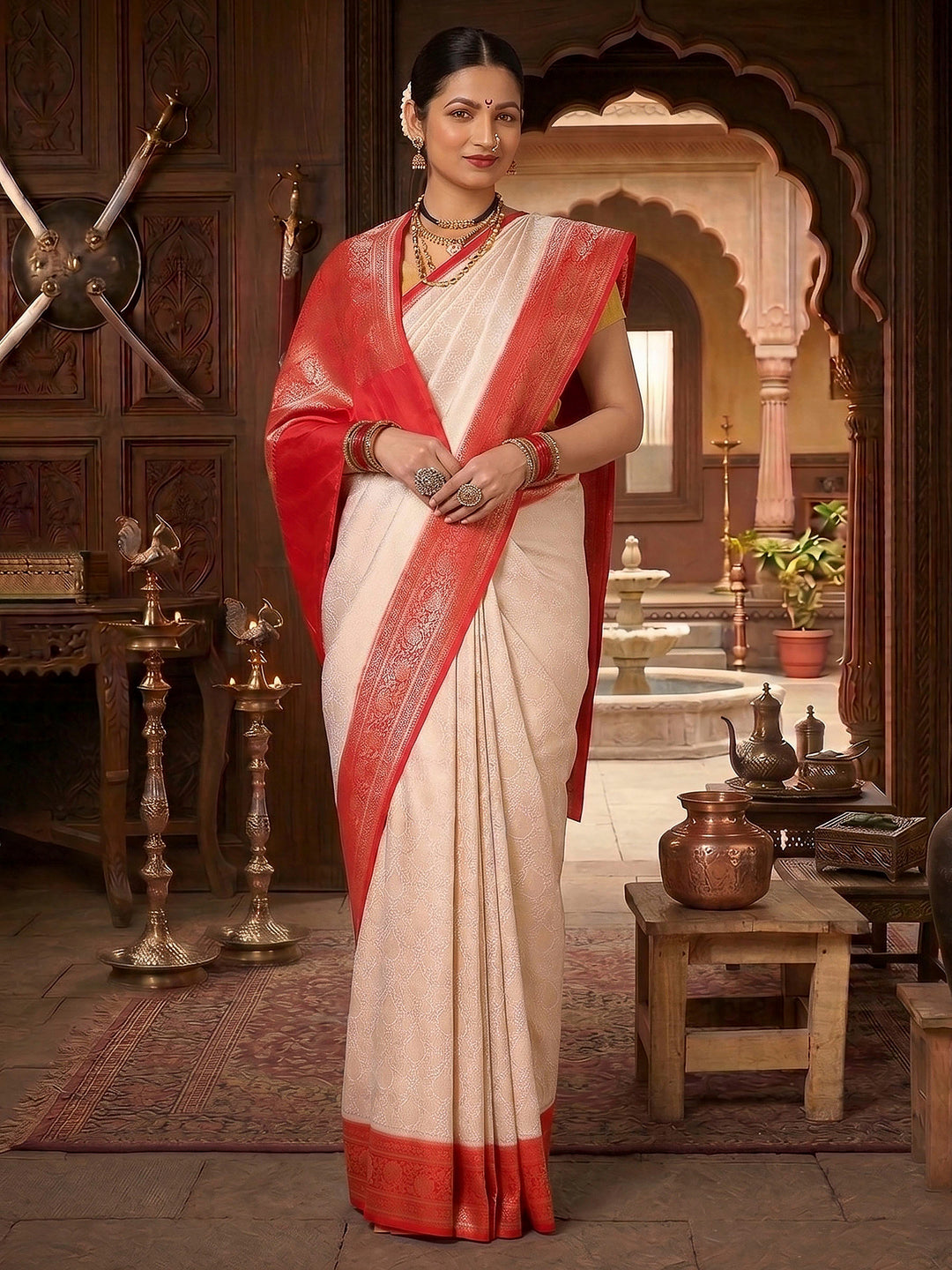 Off White Red Woven Design Kanjivaram Brocade Contrast Saree