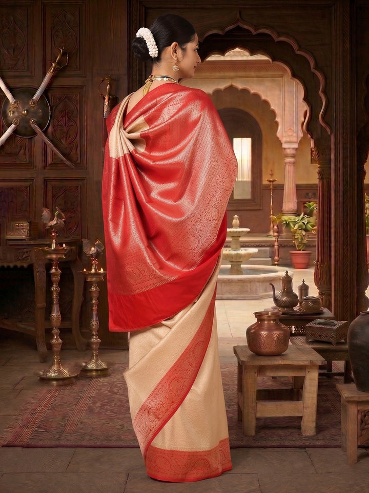 Off White Red Woven Design Kanjivaram Brocade Contrast Saree