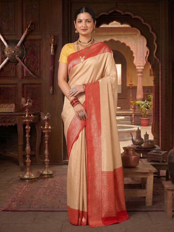 Off White Red Woven Design Kanjivaram Brocade Contrast Saree