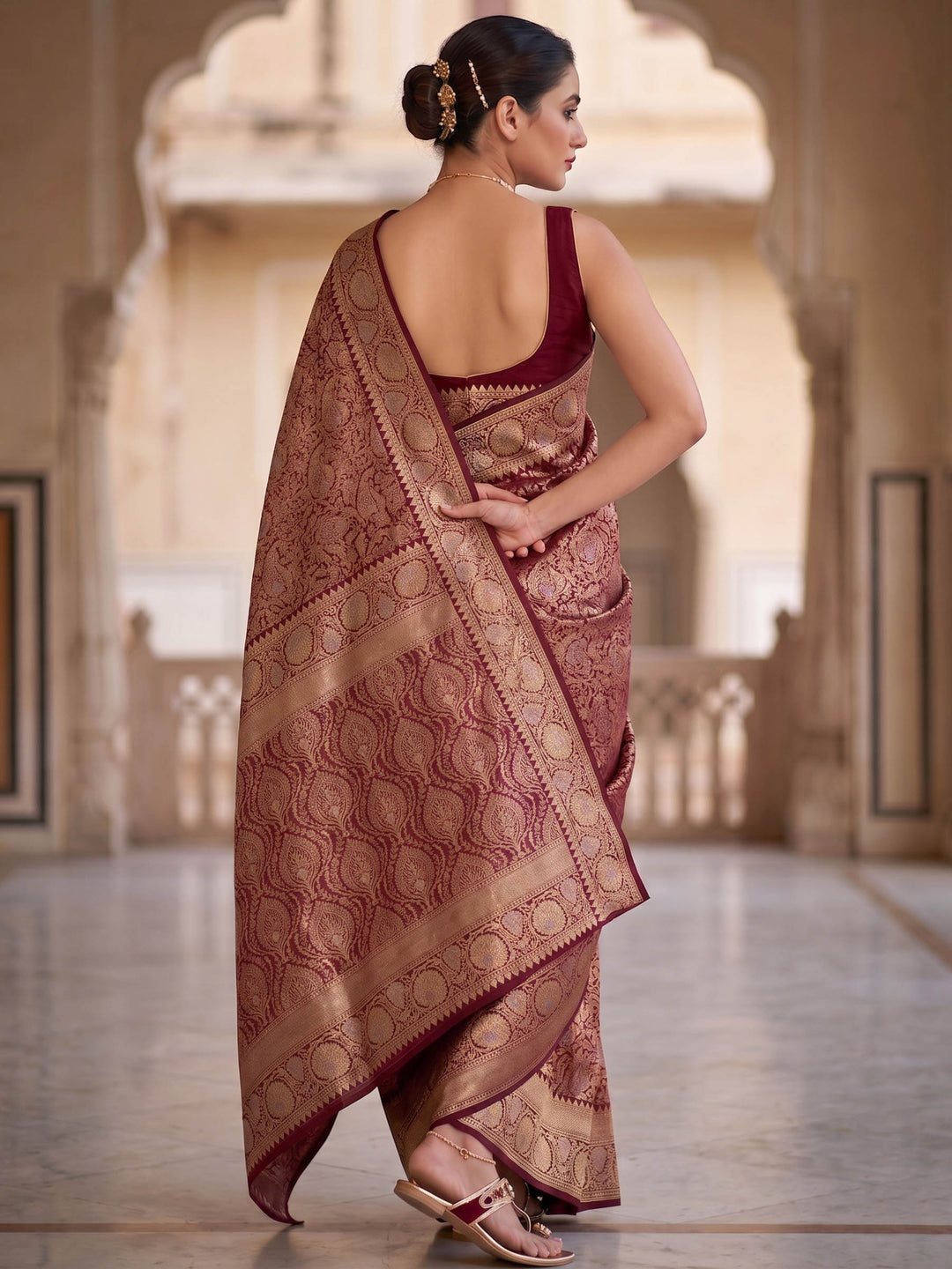 Maroon Woven Design Art Silk Kanjivaram Saree