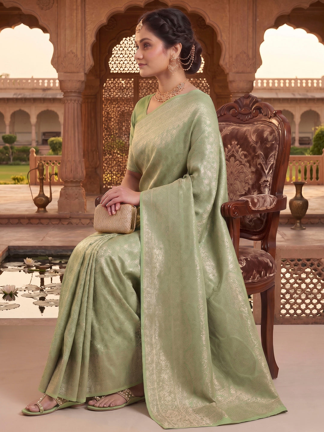 Pista Green Woven Design Art Silk Kanjivaram Saree