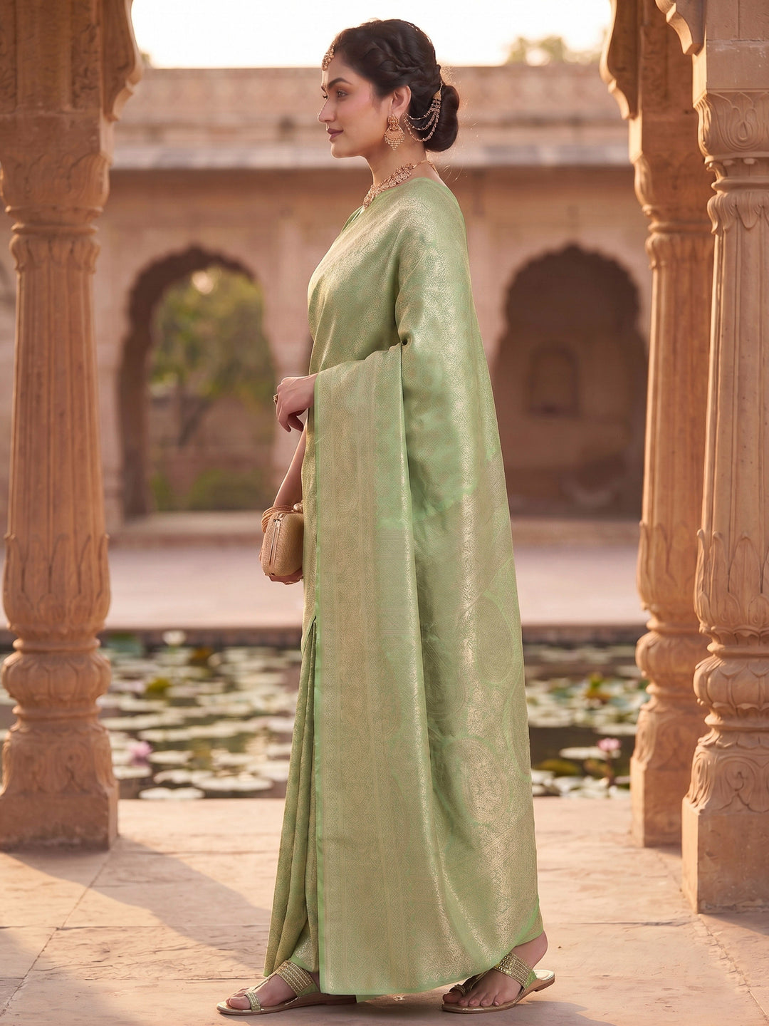 Pista Green Woven Design Art Silk Kanjivaram Saree