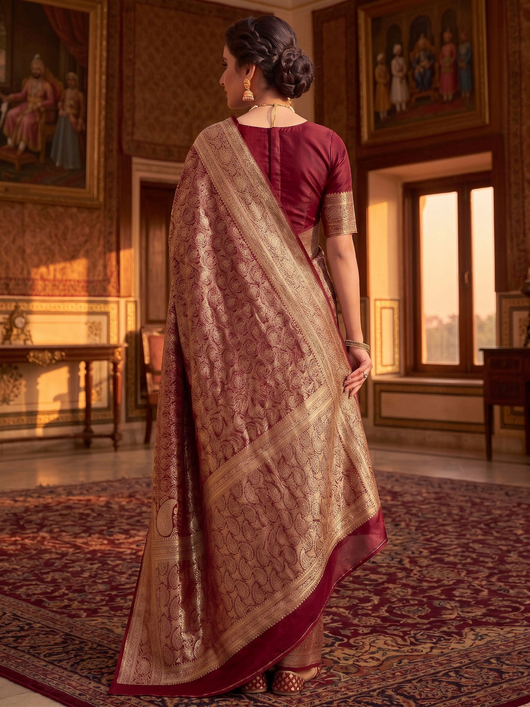 Maroon Woven Design Art Silk Kanjivaram Saree